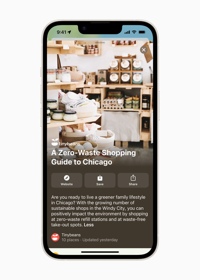 Một Hướng dẫn mới do Tinybeans tuyển chọn có tên là “Hướng dẫn không rác thải đến Chicago” hiển thị trong Apple Maps.