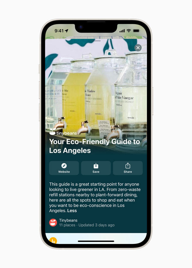 Un nouveau Guide créé par Tinybeans intitulé « Your Eco-Friendly Guide to Los Angeles » présenté dans Apple Plans.
