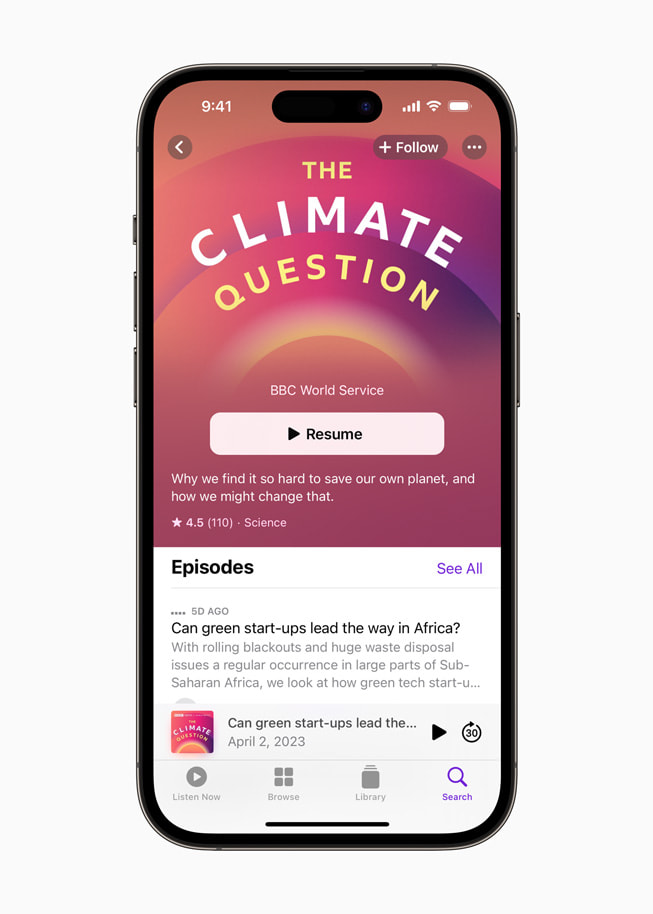 La page « The Climate Question » sur Apple Podcasts montrant le dernier épisode : « Can Green Start-Ups Lead the Way in Africa? ».