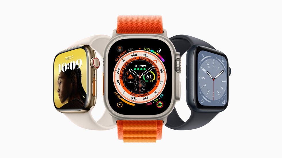 Image montrant l’Apple Watch Series 8, l’Apple Watch Ultra et l’Apple Watch SE