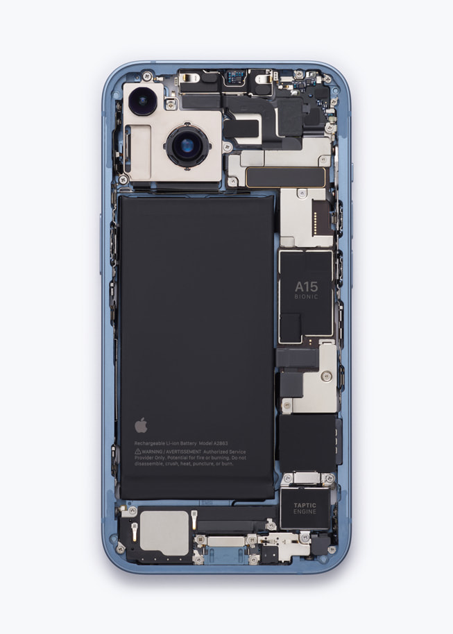iPhone components — including an Apple-designed lithium-ion battery — recovered by Daisy, Apple’s pioneering disassembly robot. 