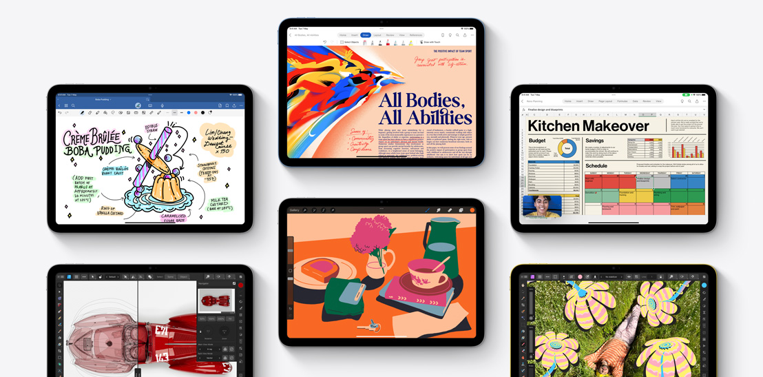 A collection of six different iPads showcasing different apps including Goodnotes 6, Affinity Designer 2, Microsoft Word, Procreate, Microsoft Excel and Affinity Photo 2.