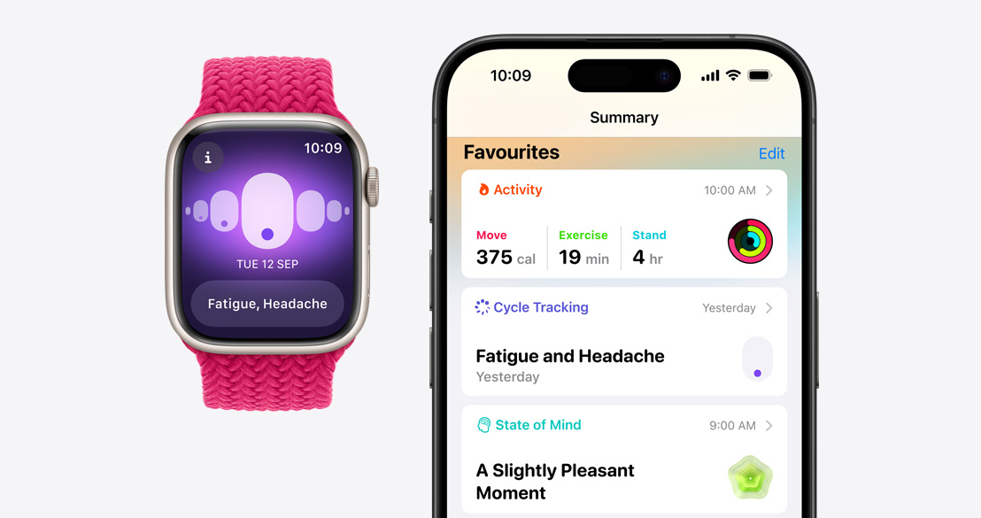 Apple Watch Series 9 showing the Cycle Tracking app, and an iPhone 15 Pro with the Health app showing Cycle Tracking information.