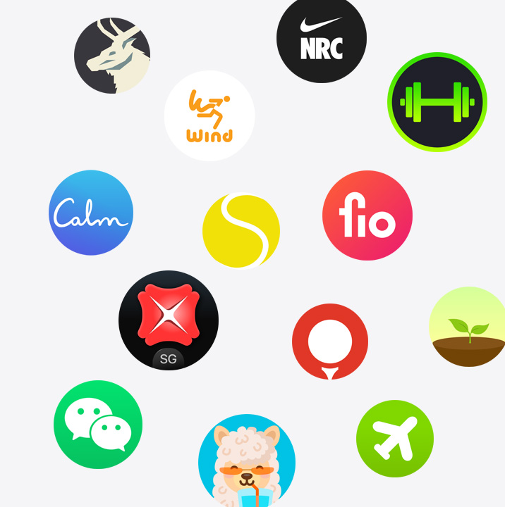 The icons of Apple Watch apps from the App Store. ChargePoint, Yelp, Nike Run Club, SmartGym, Calm, NBA, SwingVision, Oceanic+, WeChat, Waterllama, Golfshot, JetBlue and AllTrails.