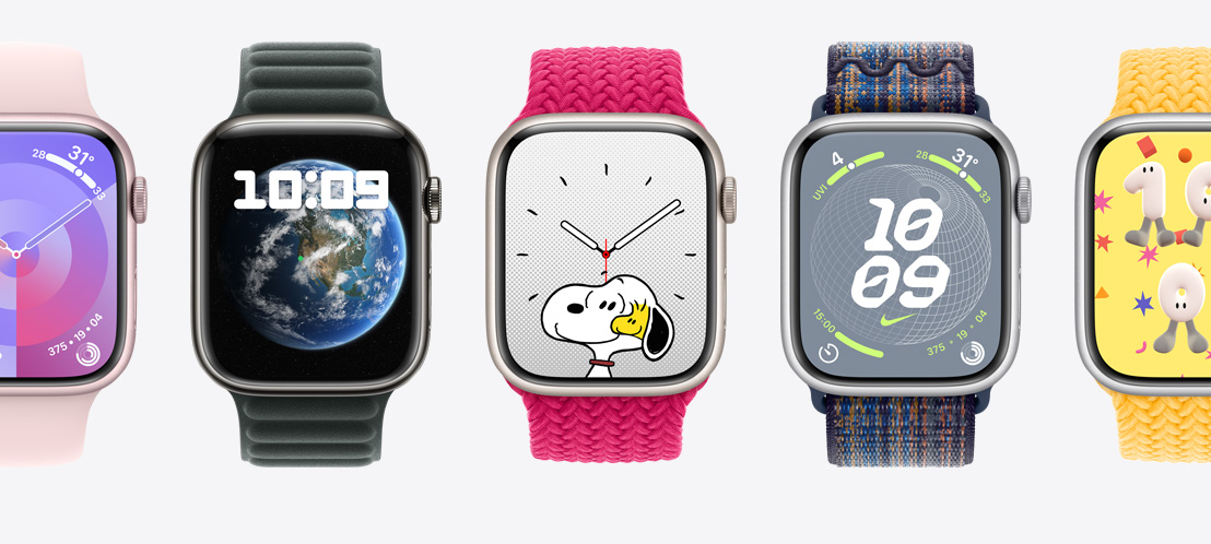 Five Apple Watch Series 9 with different watch faces. A Palette face, a Modular face, a Snoopy face, a Nike Globe face and a Playtime face.