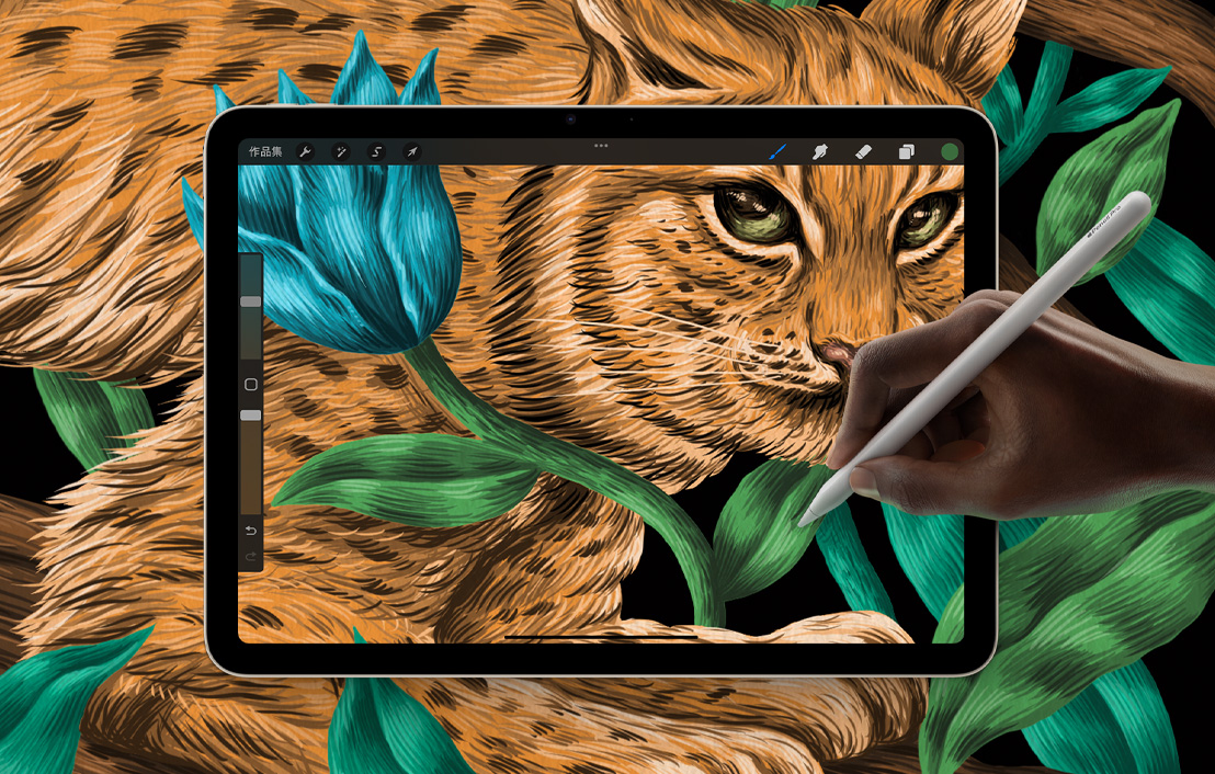 iPad Air 螢幕顯示在 Procreate 中畫畫，畫作延伸並融入背景。
