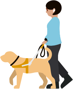 一位低視能女性戴著 AirPods，牽著導盲犬走著。