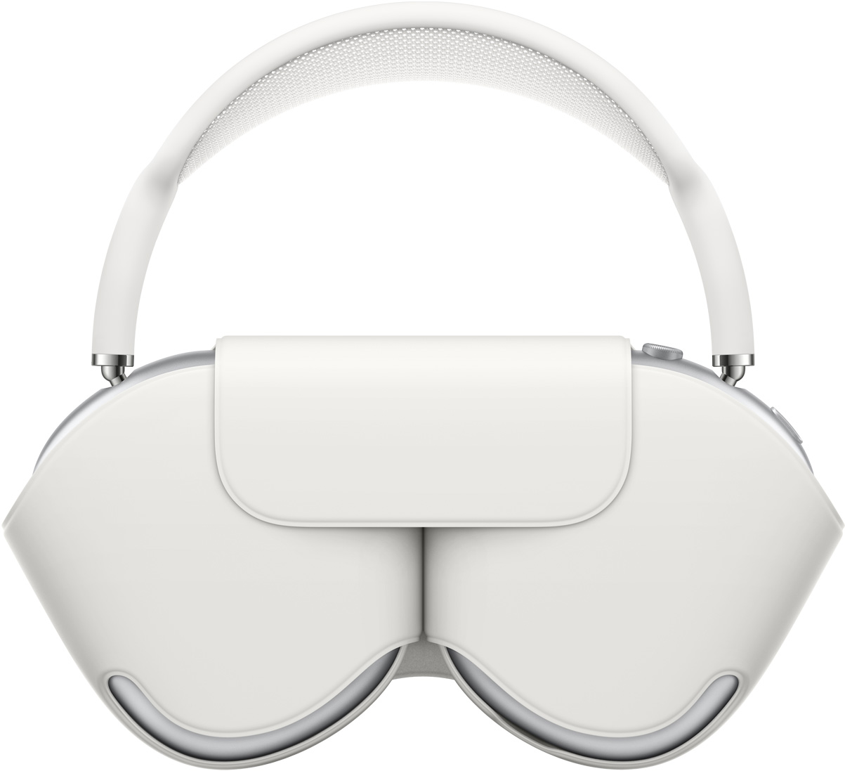 AirPods Max i sølv med matchende smartetui som beskytter øreklokkene. Bøylen på AirPods Max stikker opp som et håndtak.