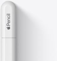 Viršutinė „Apple Pencil USB-C“ dalis su užapvalintu galiuku, „Apple“ logotipu ir žodžiu „Pencil“. Ant galiuko matoma linija, rodanti, kurioje vietoje viršutinė dalis atidaroma norint prijungti USB-C laidą.
