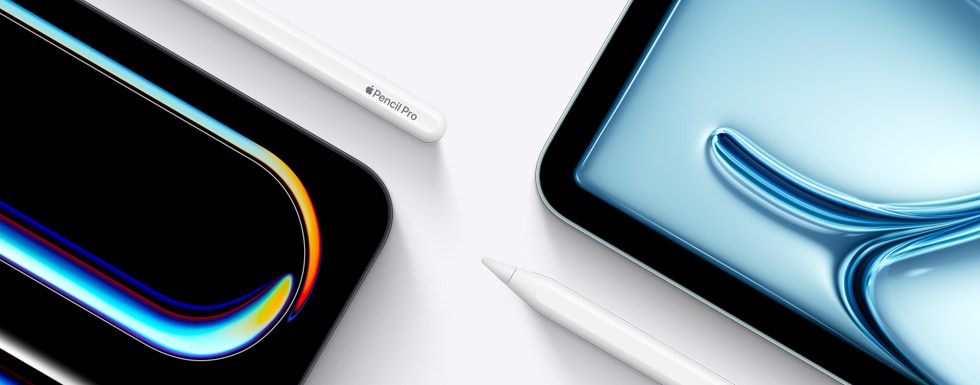 Viršutinis dešinysis „iPad Pro“ kampas su šalia pavaizduota „Apple Pencil Pro“ viršutine dalimi. Viršutinis kairysis „iPad Air“ kampas su šalia pavaizduotu „Apple Pencil USB-C“ galiuku.