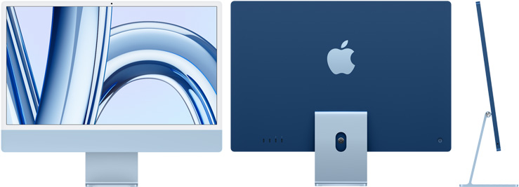 Преден, заден и страничен изглед на iMac в синьо