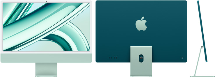 Преден, заден и страничен изглед на iMac в зелено
