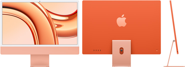 Преден, заден и страничен изглед на iMac в оранжево