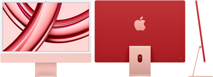 Преден, заден и страничен изглед на iMac в розово
