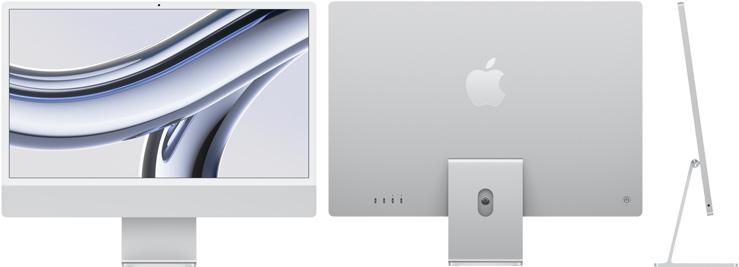 Преден, заден и страничен изглед на iMac в сребърно