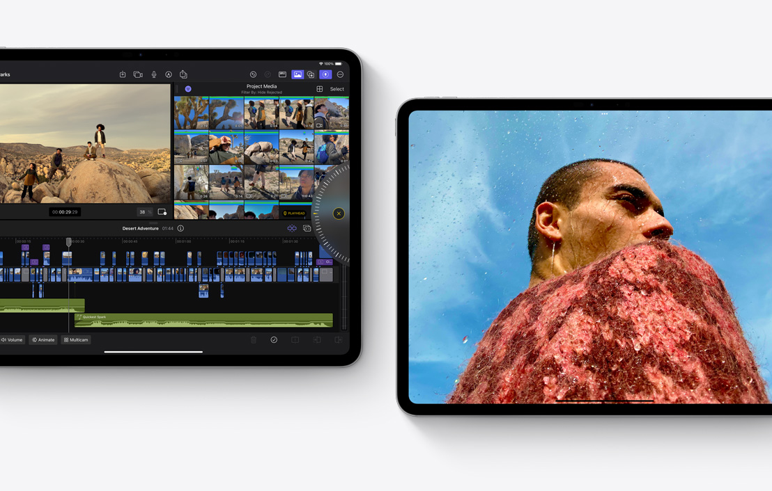 Kaks iPad Prod, millel on näha Final Cut Pro 2.0 ja Photos rakendus.