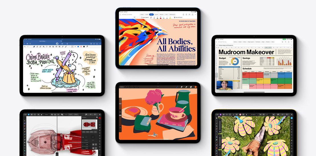 Kuue erineva iPadi kollektsioon, millel on näha erinevad rakendused, näiteks Goodnotes 6, Affinity Designer 2, Microsoft Word, Procreate, Microsoft Excel ja Affinity Photo 2.