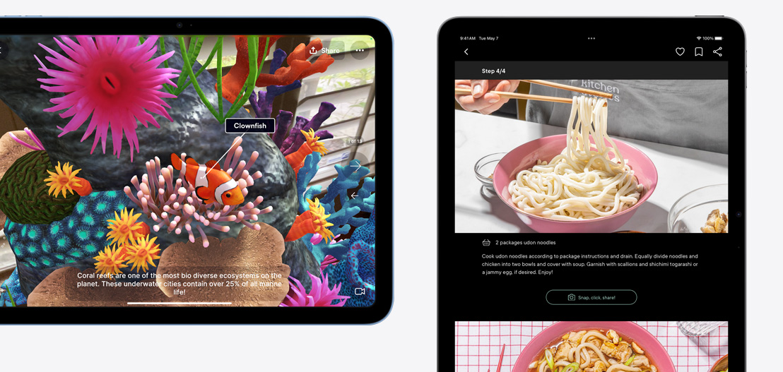 iPad ja iPad Air, millel on näha Jigspace'i ja Kitchen Stories'e rakendusi.
