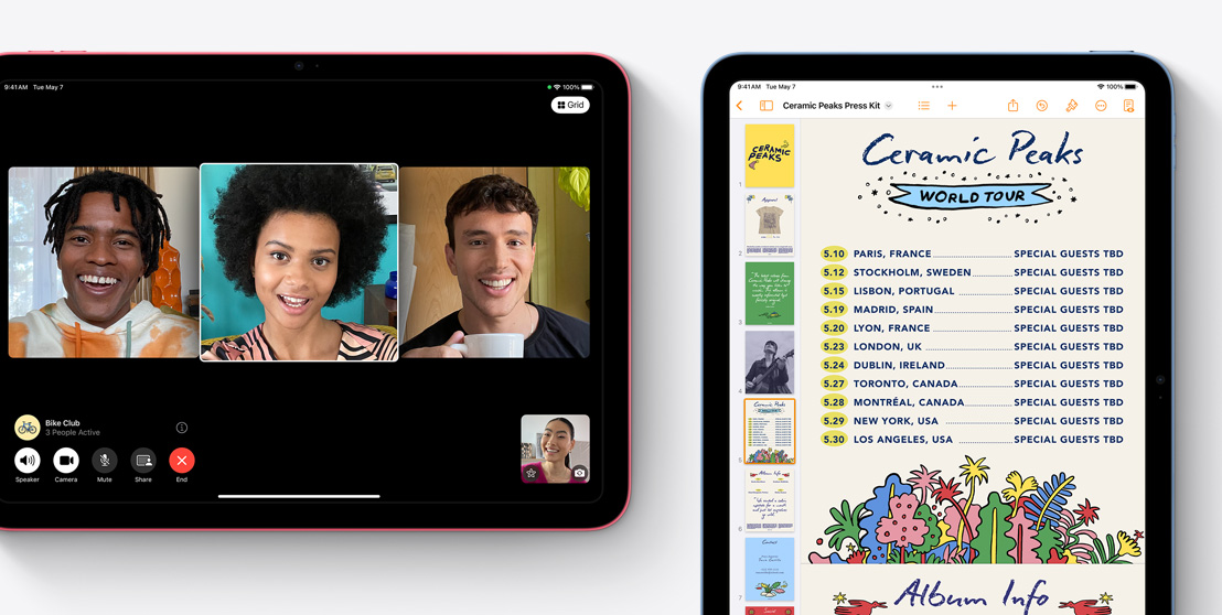Kaks iPadi, millest ühel on näha FaceTime'i videokõne ja teisel on kujutatud rakendust Pages.