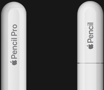 Apple Pencil Pro, noapaļots un iegravēts Apple Pencil Pro, Apple Pencil USB-C, Apple Pencil iegravēts uzgalis.