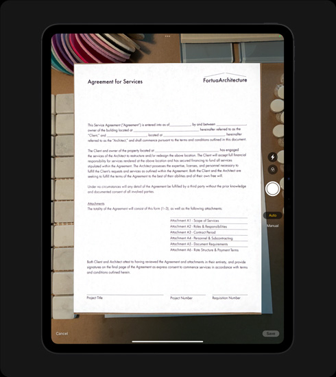 Vertikāls novietojums, iPad Pro, dokumenta skenēšana