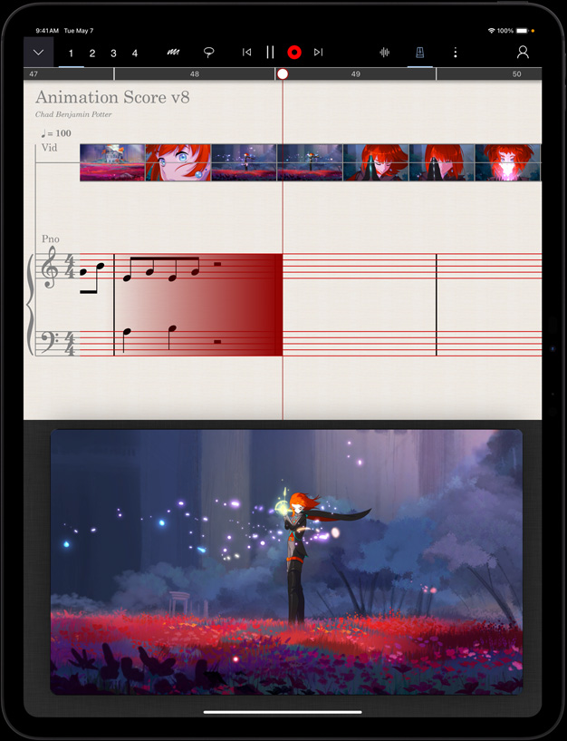 Vertikāls novietojums, iPad Pro, apakšpusē redzama animācija, augšpusē redzama mūzika, kas tiek aranžēta animācijai