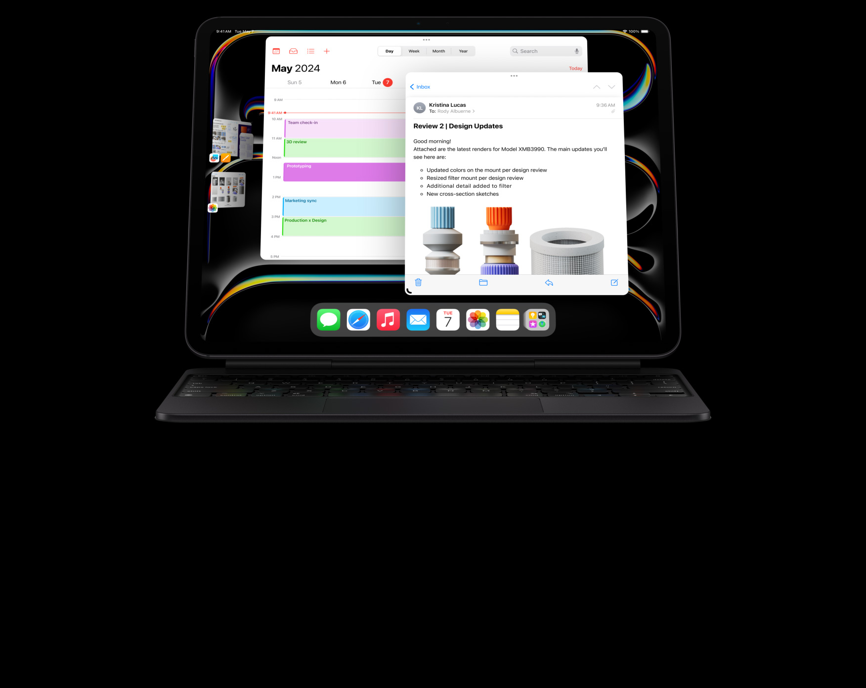 Ar Magic Keyboard savienots iPad Pro horizontālā novietojumā, lietotājs vienlaikus lieto vairākas aplikācijas