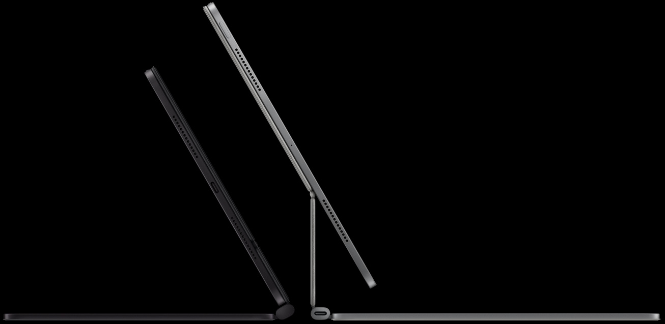 Divi modeļi, sānu skats, ar Magic Keyboard savienots iPad Pro horizontālā novietojumā, peldoša konsoles konstrukcija