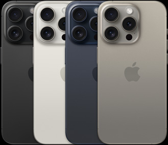 Az iPhone 15 Pro négy színváltozatának hátulnézete