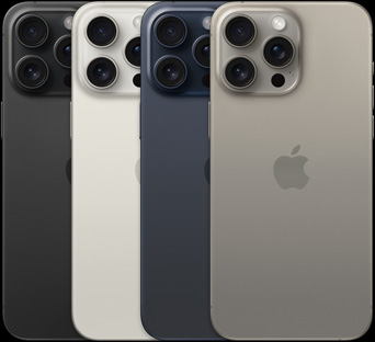 Taustanäkymä iPhone 15 Pro Maxista neljässä eri värissä