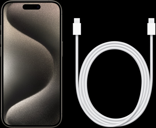 Imagem da parte da frente do iPhone 15 Pro e cabo para recarga com conector USB-C