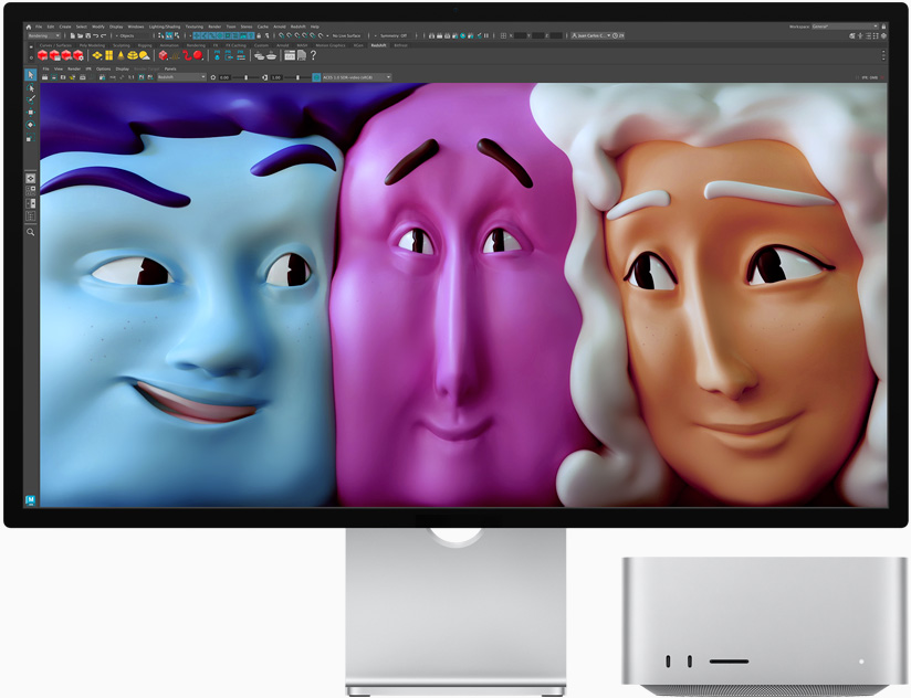Skats no priekšpuses uz Studio Display blakus Mac Studio
