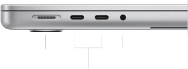 Imagen del lateral izquierdo de un MacBook Pro de 14 pulgadas con chip M3 cerrado con el puerto MagSafe 3, dos puertos Thunderbolt/USB 4 y la toma para auriculares