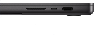 Imagen del lateral derecho de un MacBook Pro de 16 pulgadas cerrado con la ranura para tarjetas SDXC, un puerto Thunderbolt 4 y el puerto HDMI