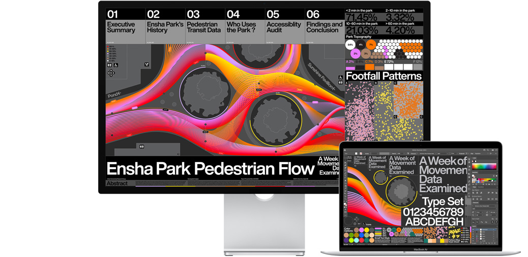 MacBook Air 13 inch cùng với Studio Display hiển thị một dự án trong Adobe Illustrator.