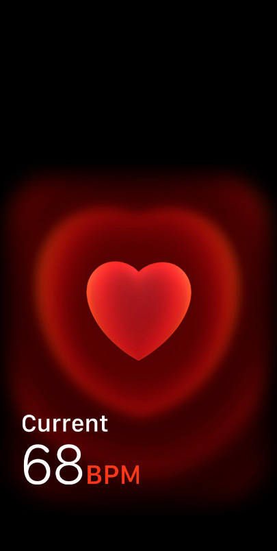 Aplikacja Tętno pokazująca aktualną liczbę uderzeń serca na minutę.