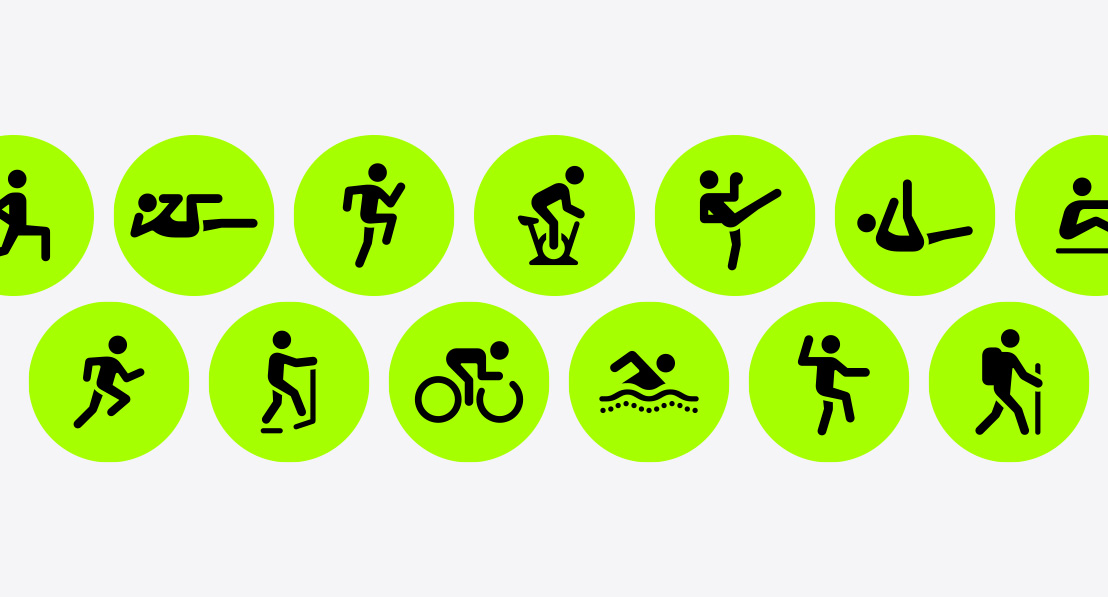 기능성 근력 강화 운동, 코어 트레이닝, 고강도 인터벌 트레이닝, 실내 사이클링, 킥복싱, 필라테스, 로잉 운동, 달리기, 일립티컬, 사이클링, 수영, 태극권, 하이킹 운동 아이콘.