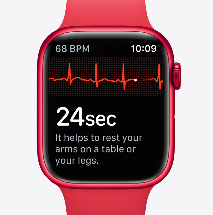 Apple Watch Series 9 przedstawiający aplikację EKG w trakcie przeprowadzania odczytu.