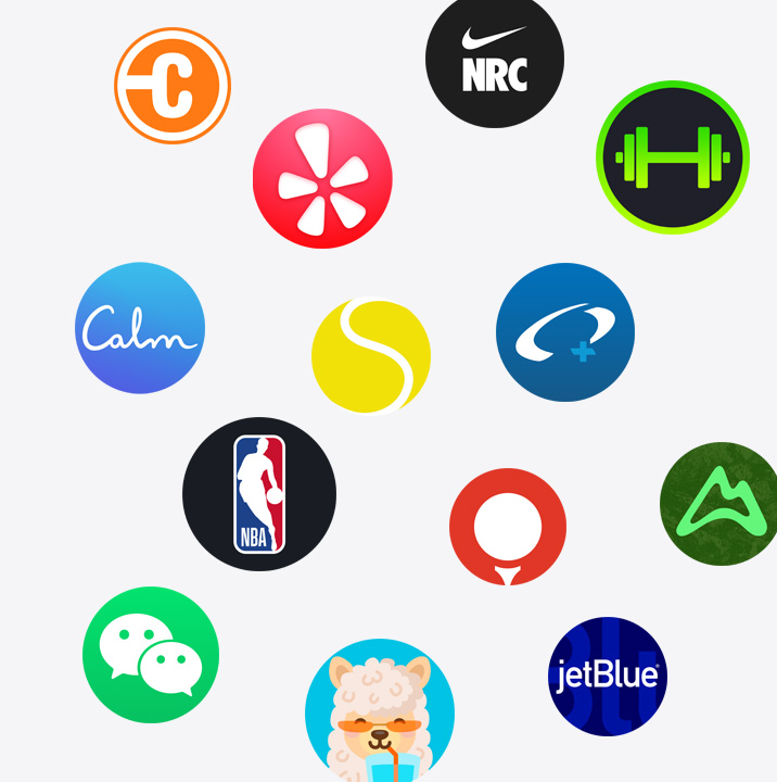 „Apple Watch“ programų piktogramos „App Store“. „ChargePoint“, „Yelp“, „Nike Run Club“, „SmartGym“, „Calm“, NBA, „SwingVision“, „Oceanic+“, „WeChat“, „Waterllama“, „Golfshot“, „JetBlue“ ir „AllTrails“.