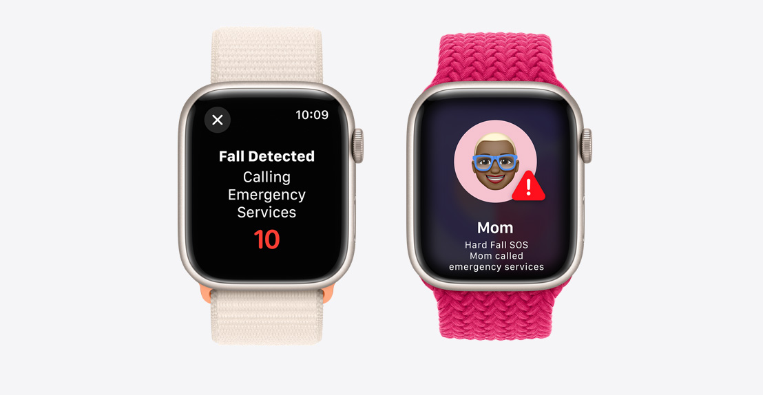 Du „Apple Watch Series 9“. Pirmajame rodoma, kaip aptikus pargriuvimą skambinama greitajai pagalbai. Antrajame rodoma, kaip aptikus, kad „Mama“ stipriai pargriuvo, skambinama greitajai pagalbai.