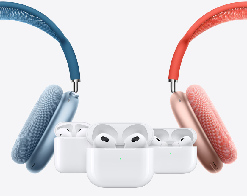 Two AirPods Max around AirPods (2nd generation), AirPods (3rd generation) and AirPods Pro (2nd generation).