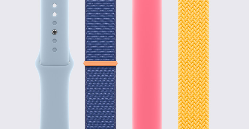 不同的 Apple Watch 錶帶垂直並排。