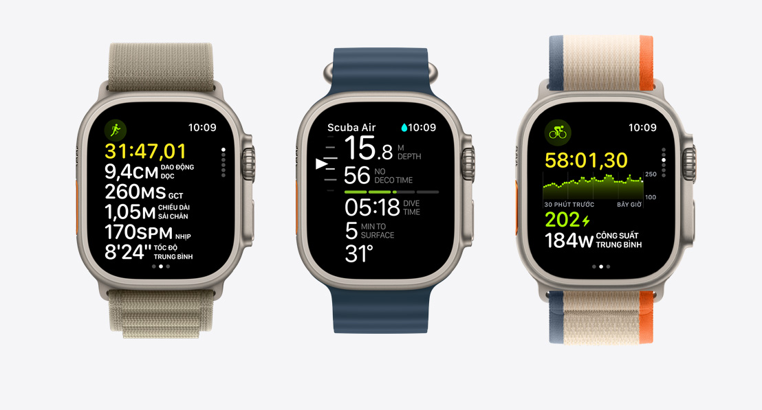 Ba chiếc đồng hồ Apple Watch Ultra 2. Chiếc đầu tiên hiển thị một bài tập chạy bộ. Chiếc thứ hai hiển thị bài tập lặn với bình dưỡng khí trong Oceanic+. Chiếc thứ ba hiển thị một bài tập đạp xe.