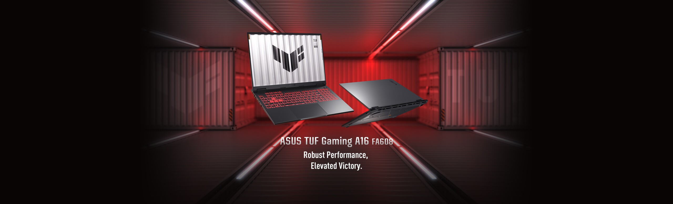 Two tuf gaming a14 open views with text "Portable Power, Maximum Impact"