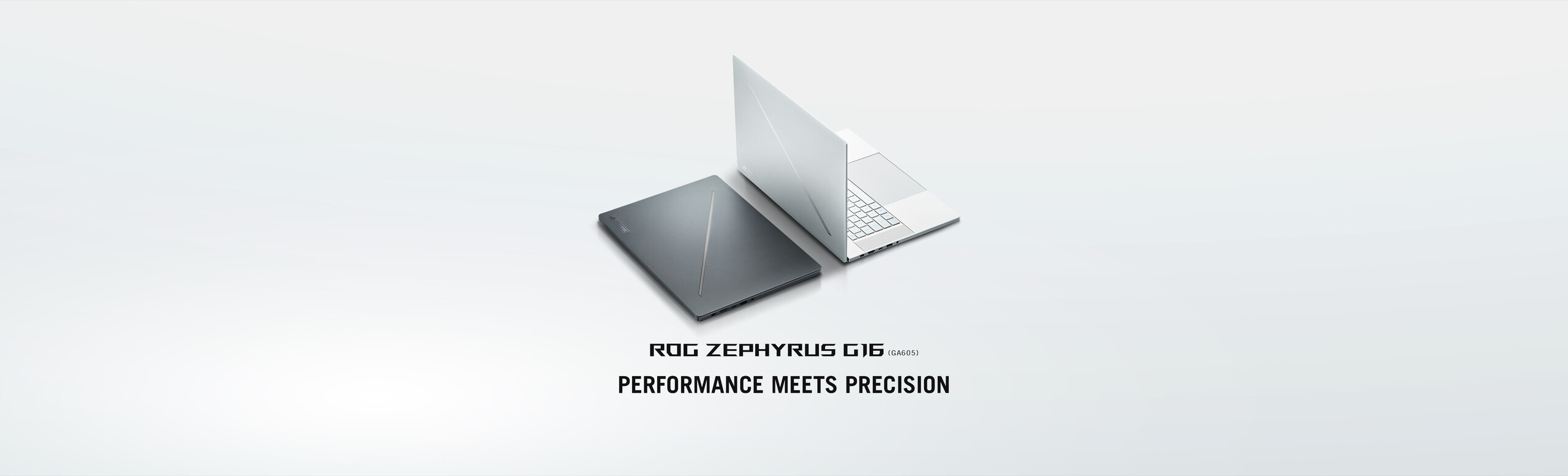 Sleek ROG Zephyrus GJ6 laptop open and closed views with text 'PERFORMANCE MEETS PRECISION'.