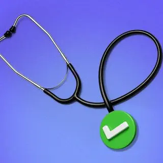 Illustration of a stethoscope with a green checkmark seal at the end of it.