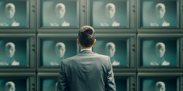 Man looking at AI televisions