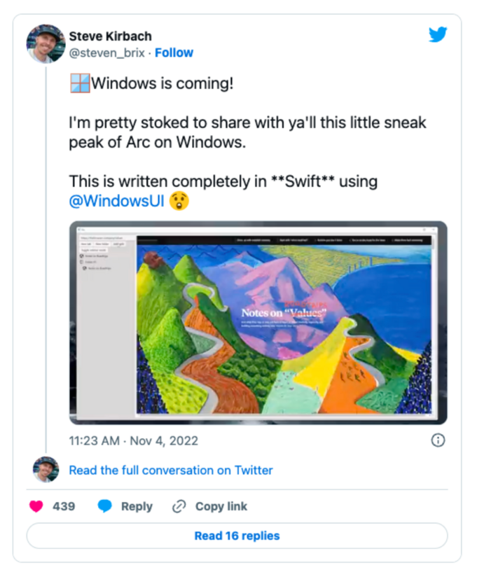 Steve Kirbach from the Browser Company tweet on Arc Windows version.