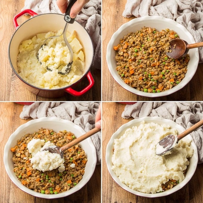 Collage Showing Steps for Assembling Vegan Shepherd's Pie: Mash Potatoes, Transfer Filling To Dish, Place Potatoes on Top, and Smooth Out with Spoon