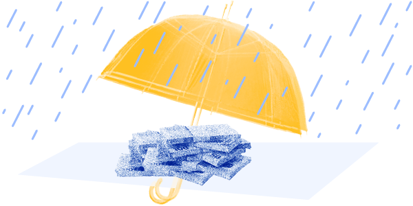 blue photo of money bills under yellow umbrella with rain drops around it